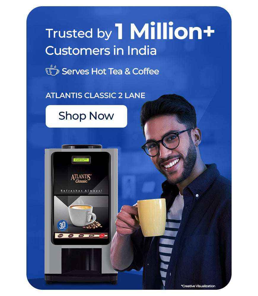 Coffee vending machine for office Atlantis Classic 2 Lane with man holding yellow coffee cup