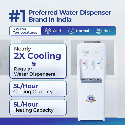 ATLANTIS FROSTY PLUS hot cold normal water dispenser with 3 temperature settings and 5 litre per hour cooling and heating capacity