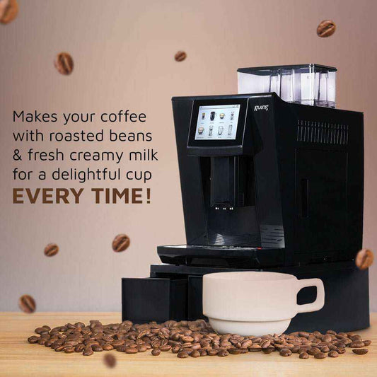 Fully automatic coffee machine with fresh milk and roasted beans next to a white cup on wooden surface