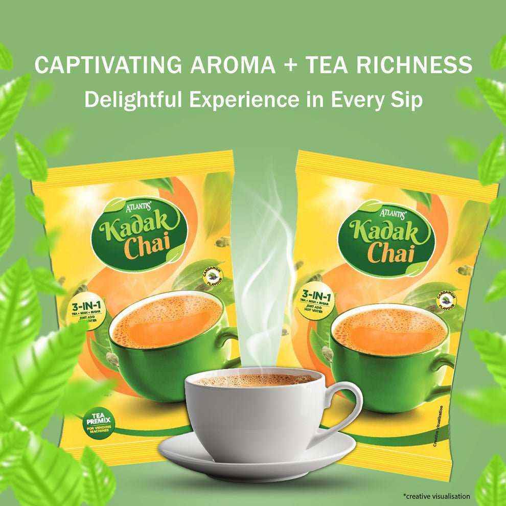 Atlantis kadak tea 1kg packs with steaming cup of tea showcasing rich aroma and flavour