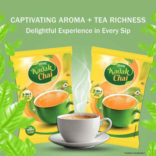 Atlantis kadak tea 1kg packs with steaming cup of tea showcasing rich aroma and flavour