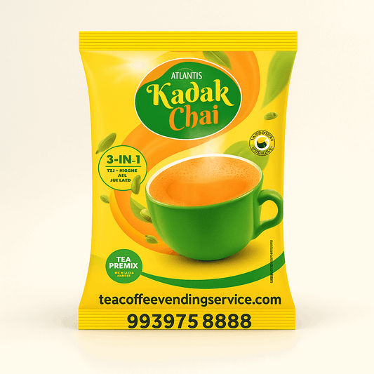 Atlantis kadak tea 1kg packet with green cup of frothy tea on yellow background