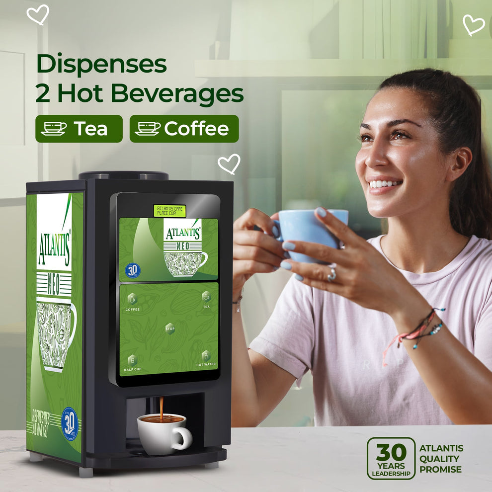 Atlantis Neo 2 coffee vending machine by COFFEE WALLA dispensing hot coffee and tea with a smiling woman enjoying her drink