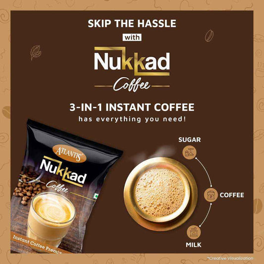 Atlantis Nukkad instant coffee premix 1kg pack with frothy coffee cup showing sugar coffee and milk ingredients