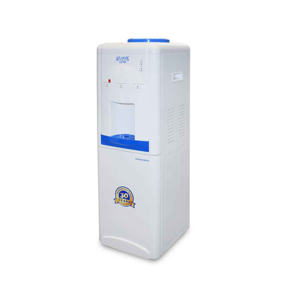 18L cooling cabinet water dispenser in white with blue accents and compact design for office or home use