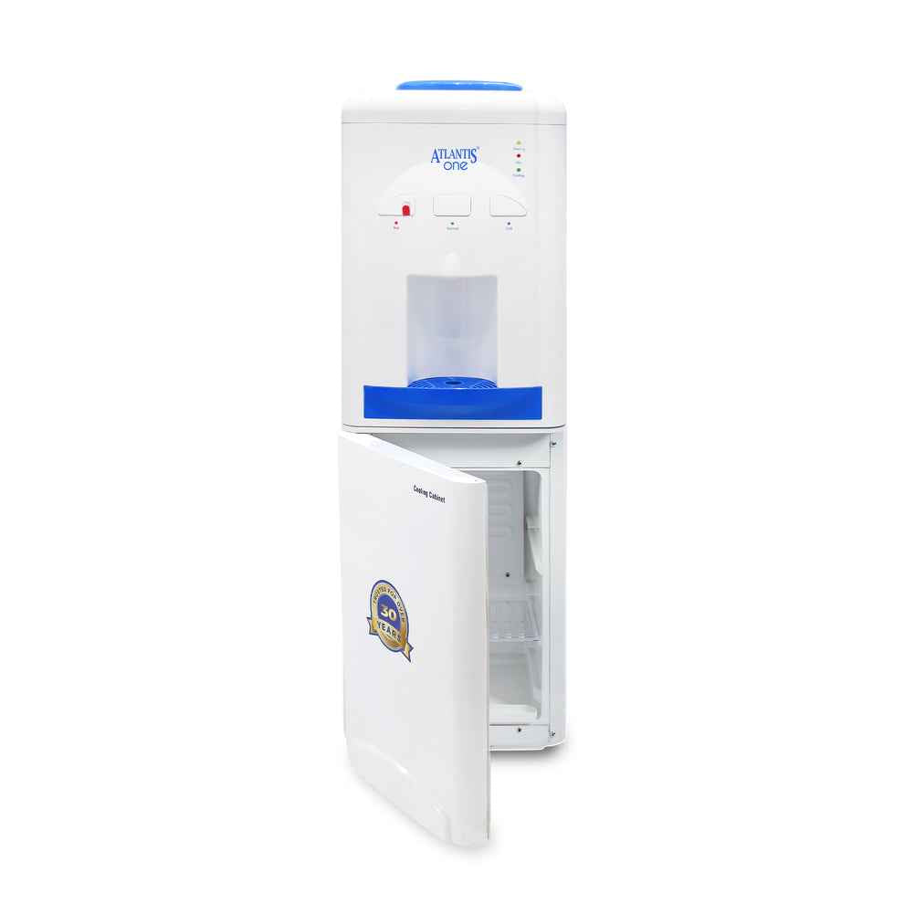 18L cooling cabinet water dispenser in white with blue accents and an open lower cabinet for storage
