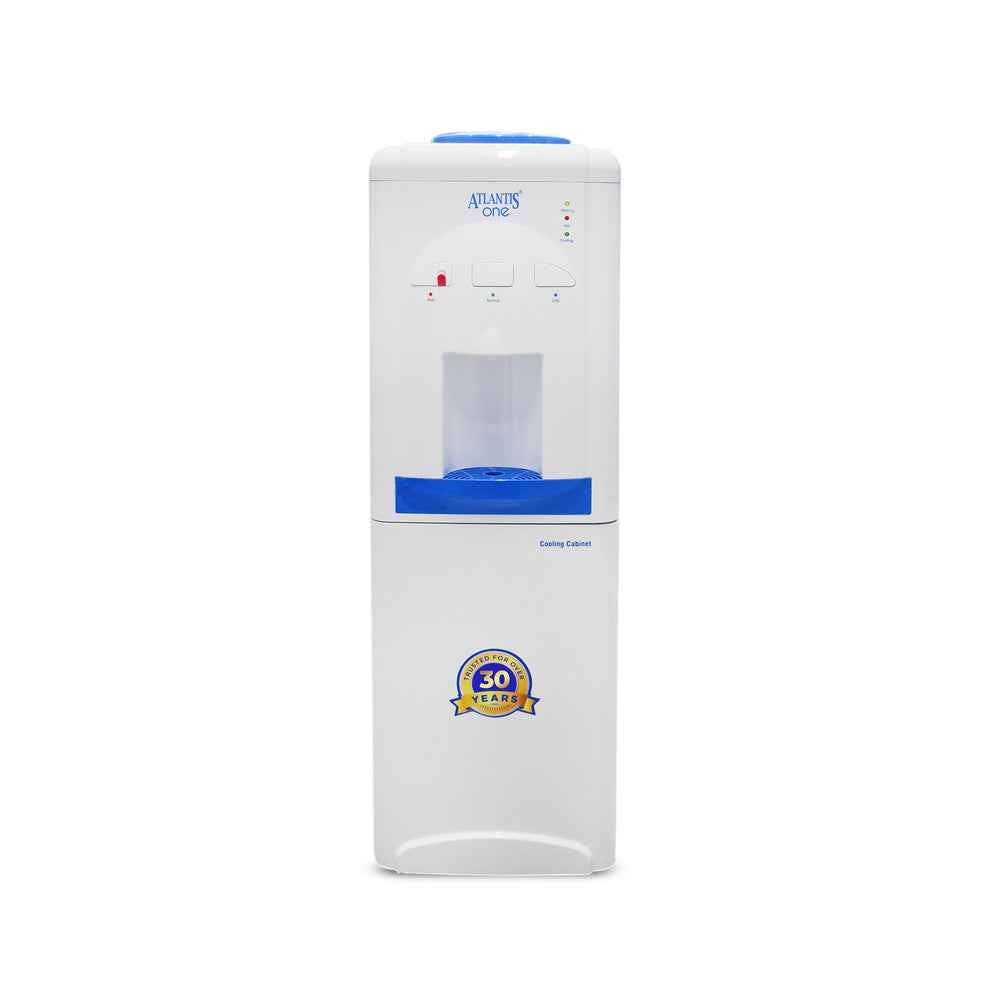 White Atlantis One 18L cooling cabinet water dispenser with blue accents and dual taps