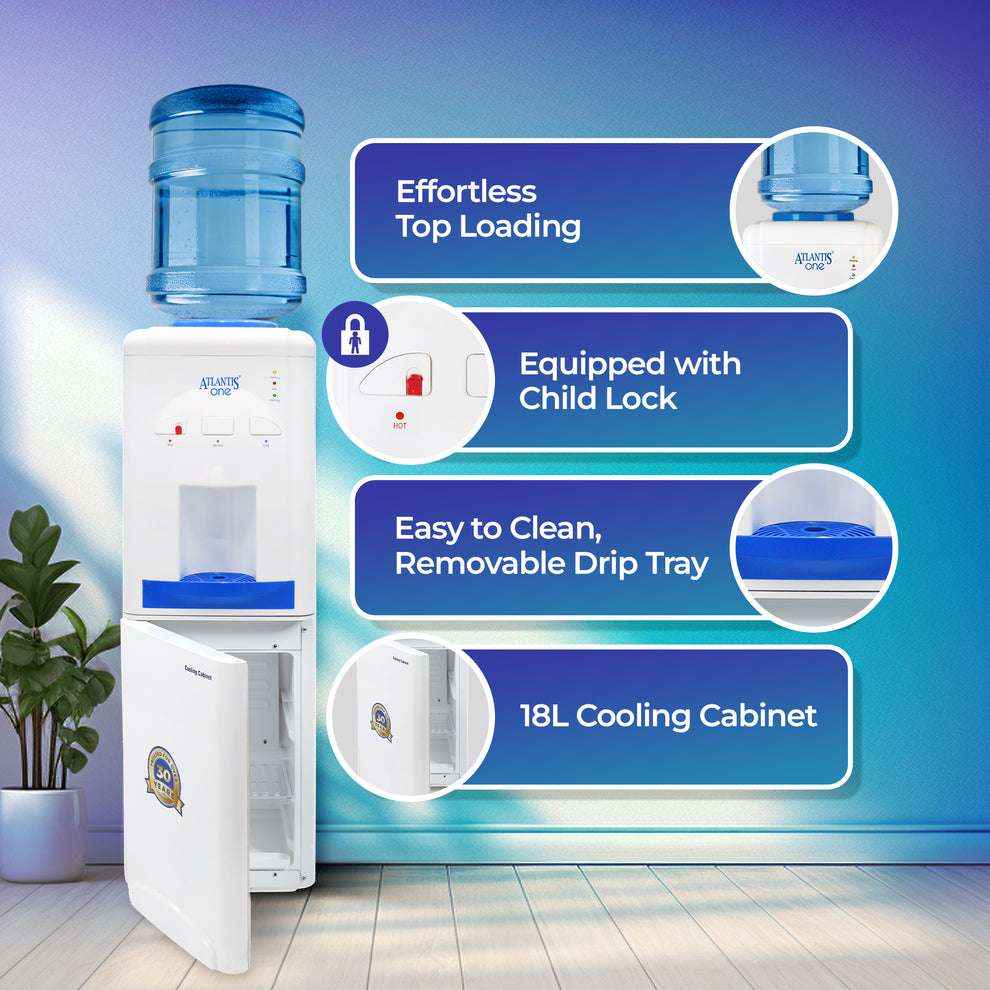 18L cooling cabinet water dispenser with top loading, child lock, removable drip tray, and cooling cabinet door open
