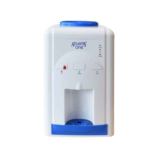 White and blue Atlantis One water dispenser with hot and cold water buttons by Tea coffee vending service