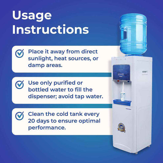 Atlantis Prime water dispenser Cooling Cabinet 3 Taps with usage instructions on a blue background