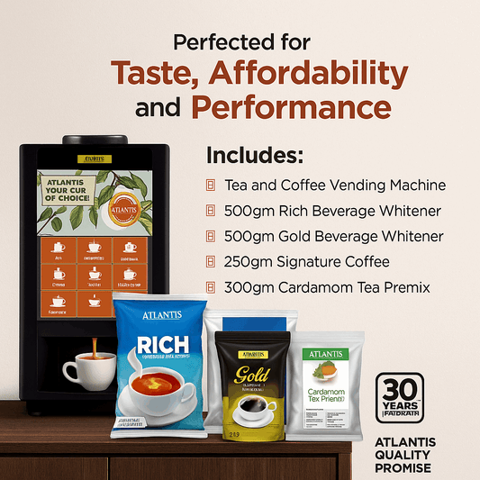 Atlantis select 7option tea coffee vending machine price coffee walla with rich, gold, and cardamom beverage packets