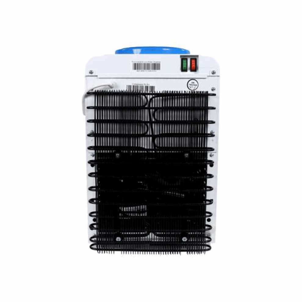 Back view of ATLANTIS SKY water dispenser showing cooling coils and power switches