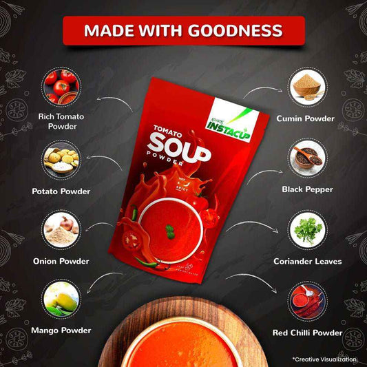 Atlantis tomato soup powder 500g red packet surrounded by ingredients like cumin, black pepper, coriander, and chilli powders