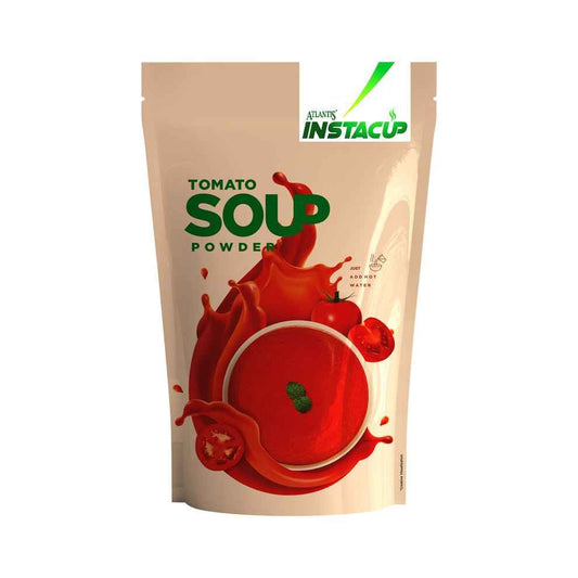 Atlantis tomato soup powder for vending machines pouch with tomato splash and bowl of soup