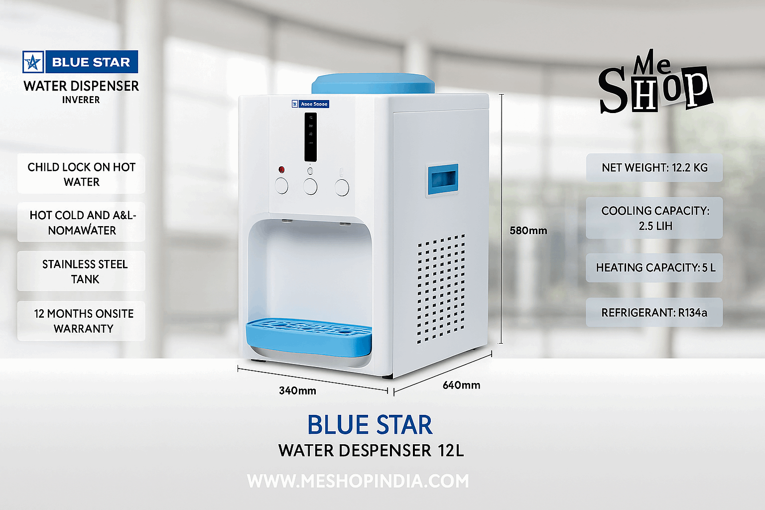Blue Star 12 litre water dispenser for office Delhi with child lock hot water and stainless steel tank