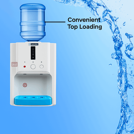 Top loading water dispenser for office Delhi with convenient design and blue water bottle on white background