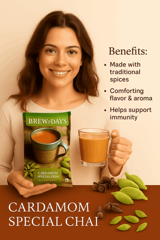 Cardamom tea premix for offices Brewdays Cardamom Special Chai packet held by smiling woman with cup of chai
