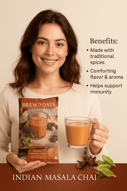 Woman holding Brewdays Indian masala tea premix 1kg pack and a glass cup of masala chai with traditional spices