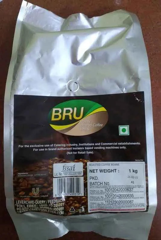 BRU coffee roasted beans pack weighing 1 kg showing Bru coffee roasted beans price india label and packaging