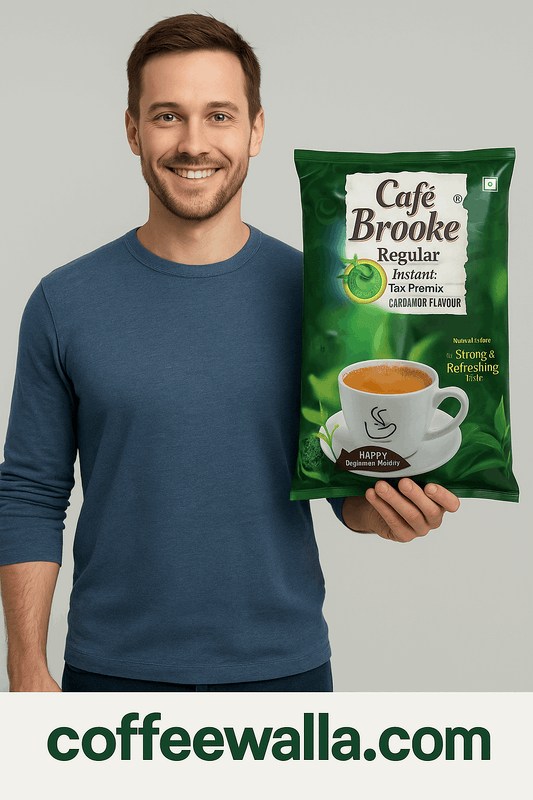 Smiling man holding a large pack of Cafe Brooke instant tea premix with a cup of tea on the packaging