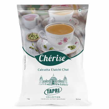 Cherise Calcutta Elaichi chai premix 1kg packet by Tea coffee vending service with floral tea cup and cardamom pods