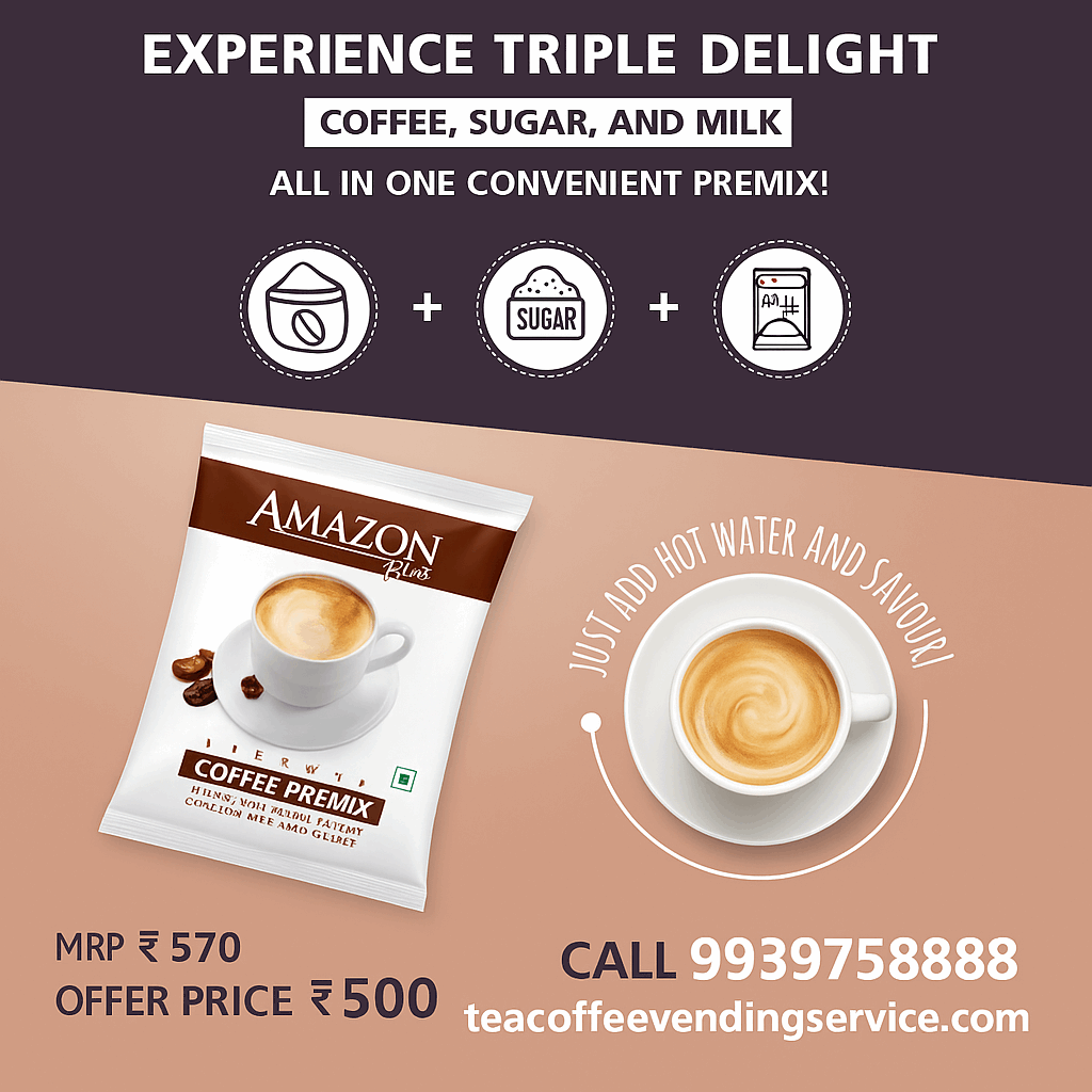 Coffee vending machine for office featuring Amazon Plus coffee premix with coffee sugar and milk all in one