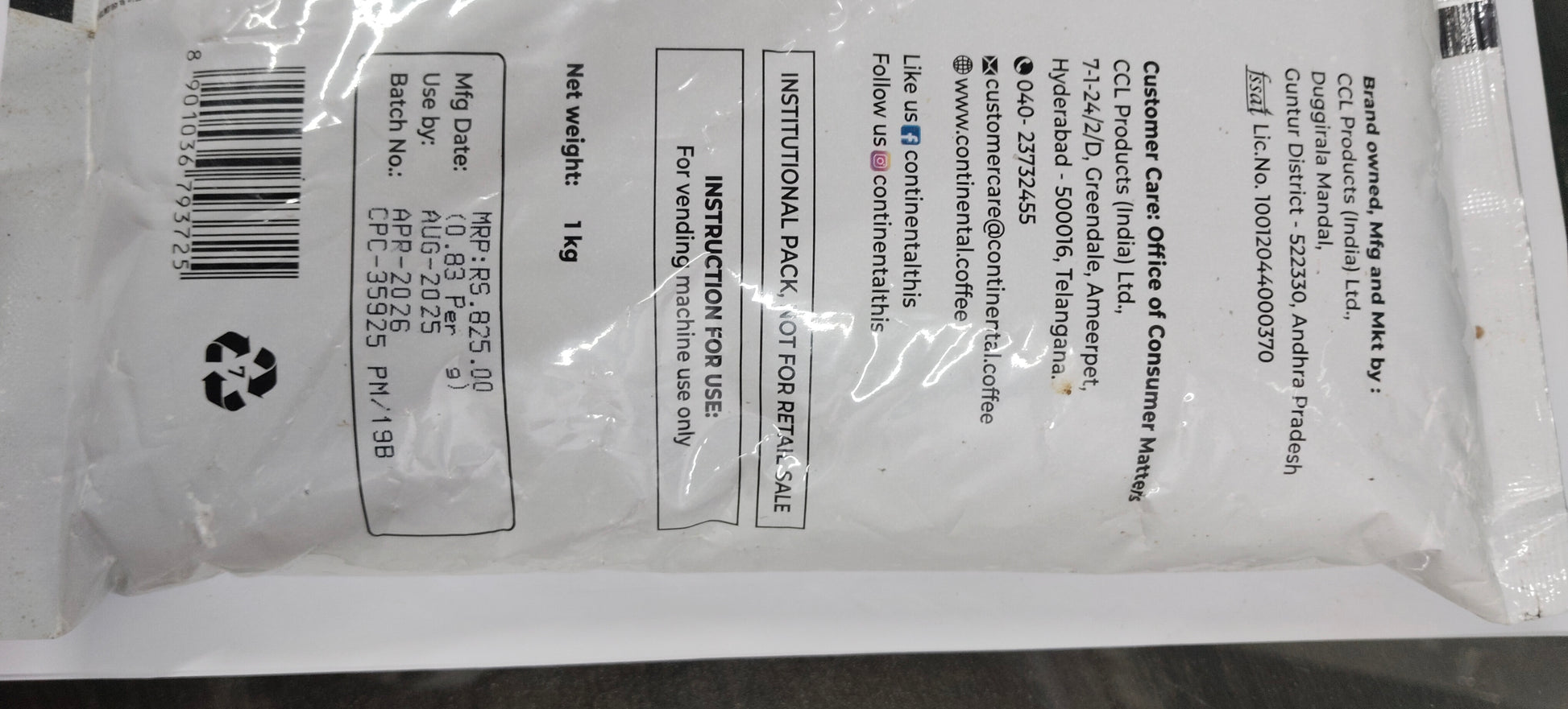 Back side of continental 3 in 1 coffee premix 1 kg pack showing product details and instructions
