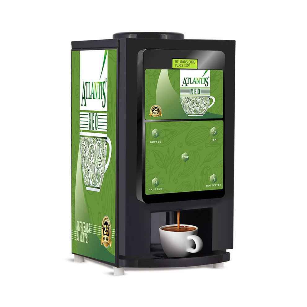 Neo 2 Lane vending machine with hot water brewing coffee in a white cup by Tea coffee vending service
