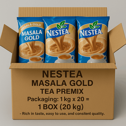 Nestea instant tea premix 1kg Masala Gold tea sachets in an open cardboard box