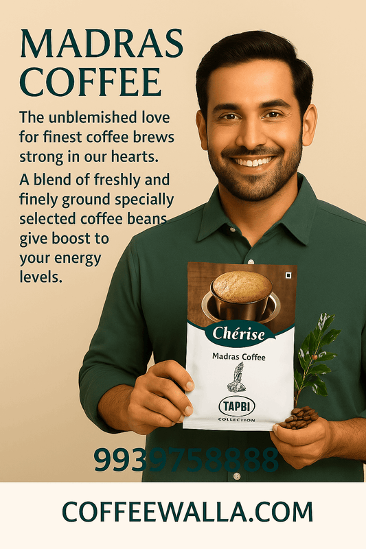 Smiling man holding Cherise Madras coffee premix for vending machines pack with coffee beans